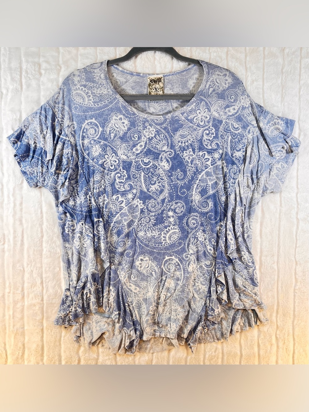 Vocal Blue Paisley Ruffle Short Sleeve Top Blouse Size XL Boho Whimsygoth